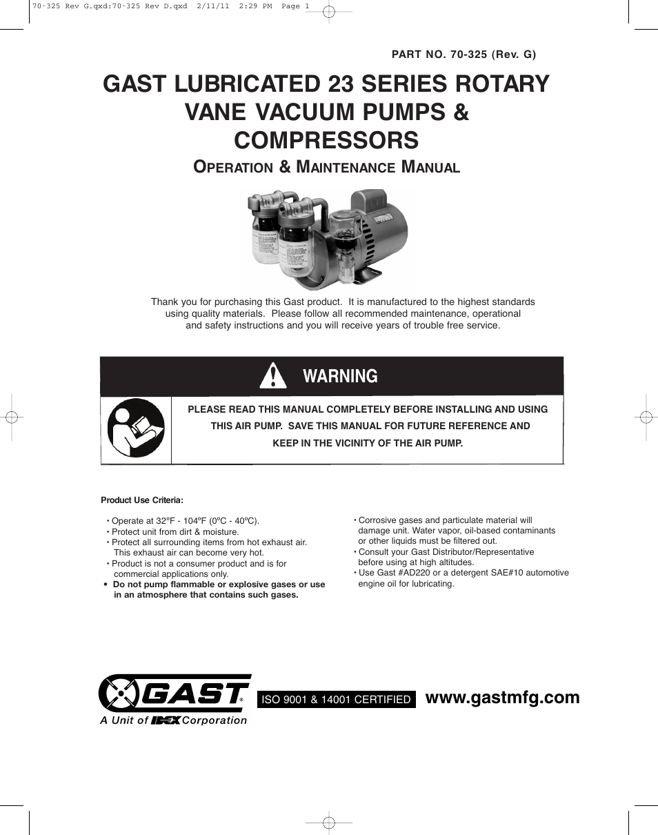 Gast 1023 Series Lubricated Vacuum Pumps and Compressors User Manual | 8 pages