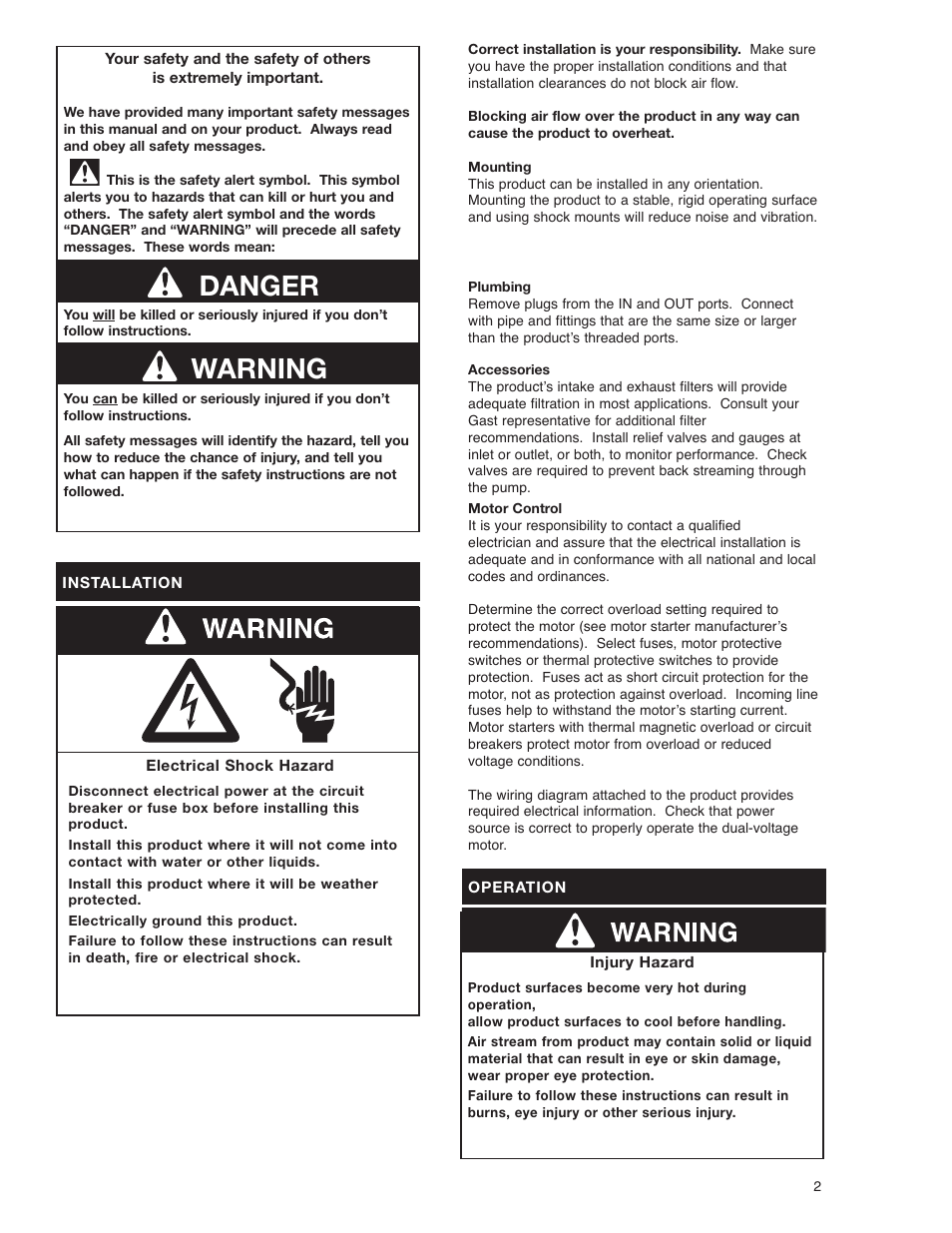 Warning danger | Gast 1423 Series Oilless Vacuum Pumps and Compressors User Manual | Page 2 / 8