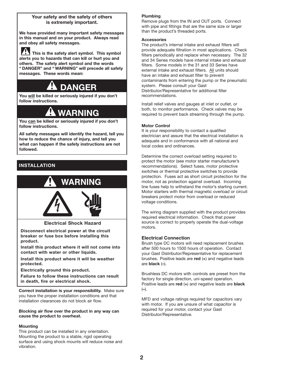 Warning danger | Gast 1534 Series Oilless Vacuum Pumps and Compressors User Manual | Page 2 / 12