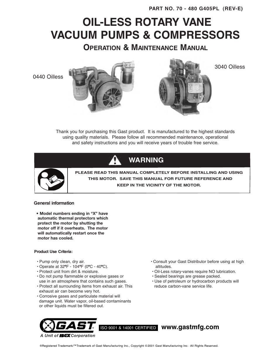 Gast 0740 Series Oilless Vacuum Pumps and Comressors User Manual | 8 pages