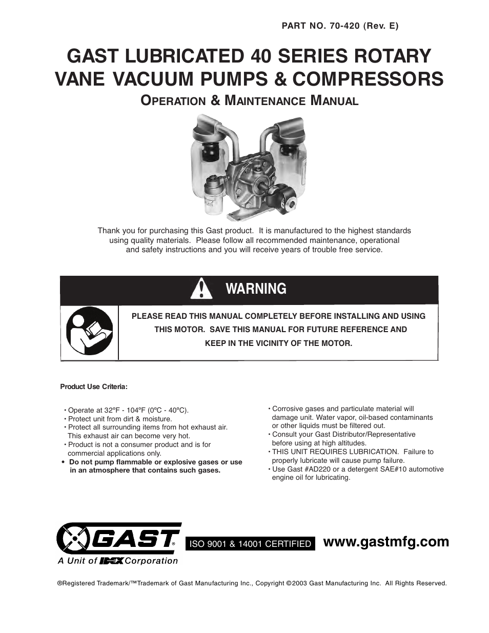Gast 3040 Series Lubricated Vacuum Pumps and Comressors User Manual | 8 pages