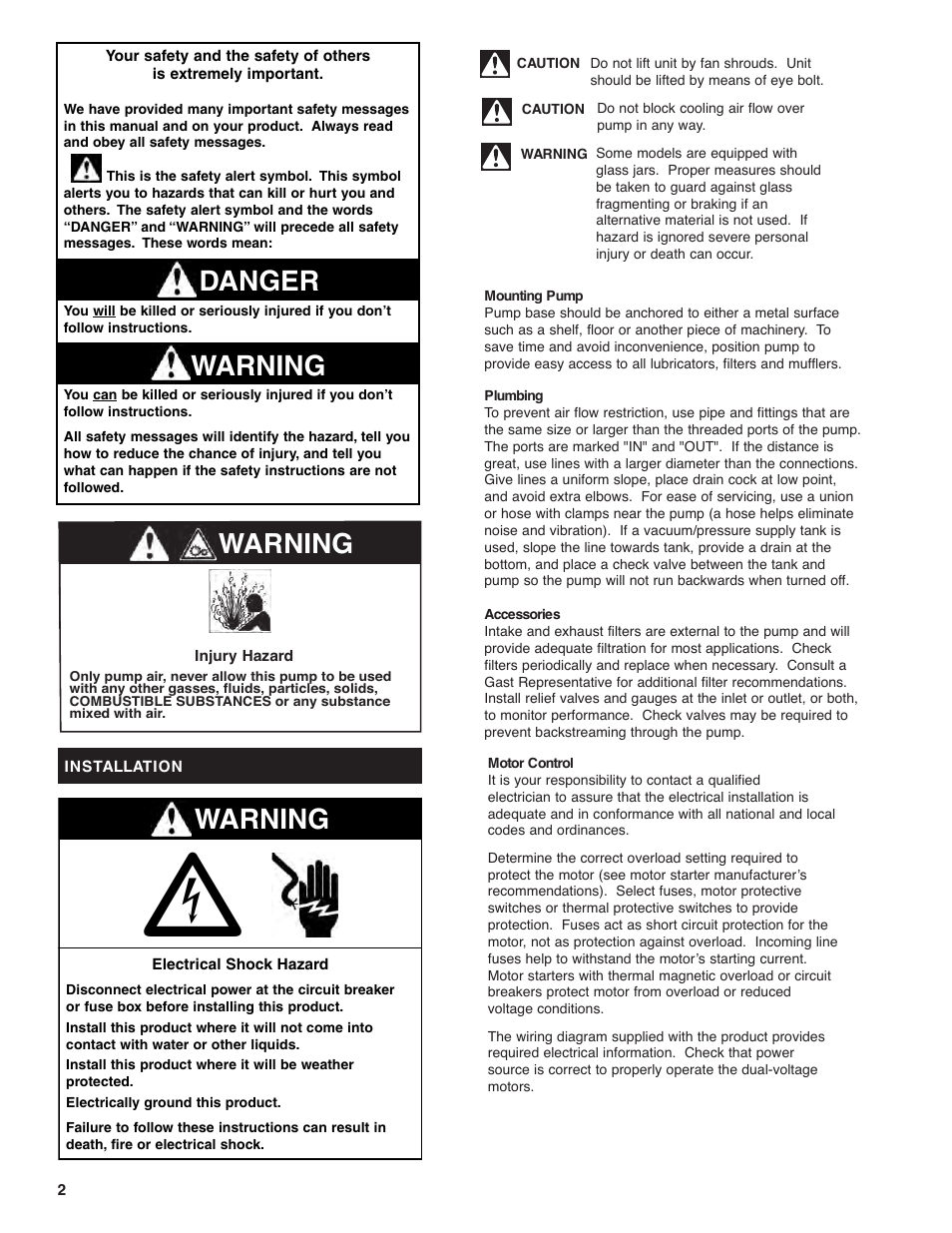 Warning, Warning danger | Gast 2567 Series Lubricated Vacuum Pumps and Compressors User Manual | Page 2 / 8