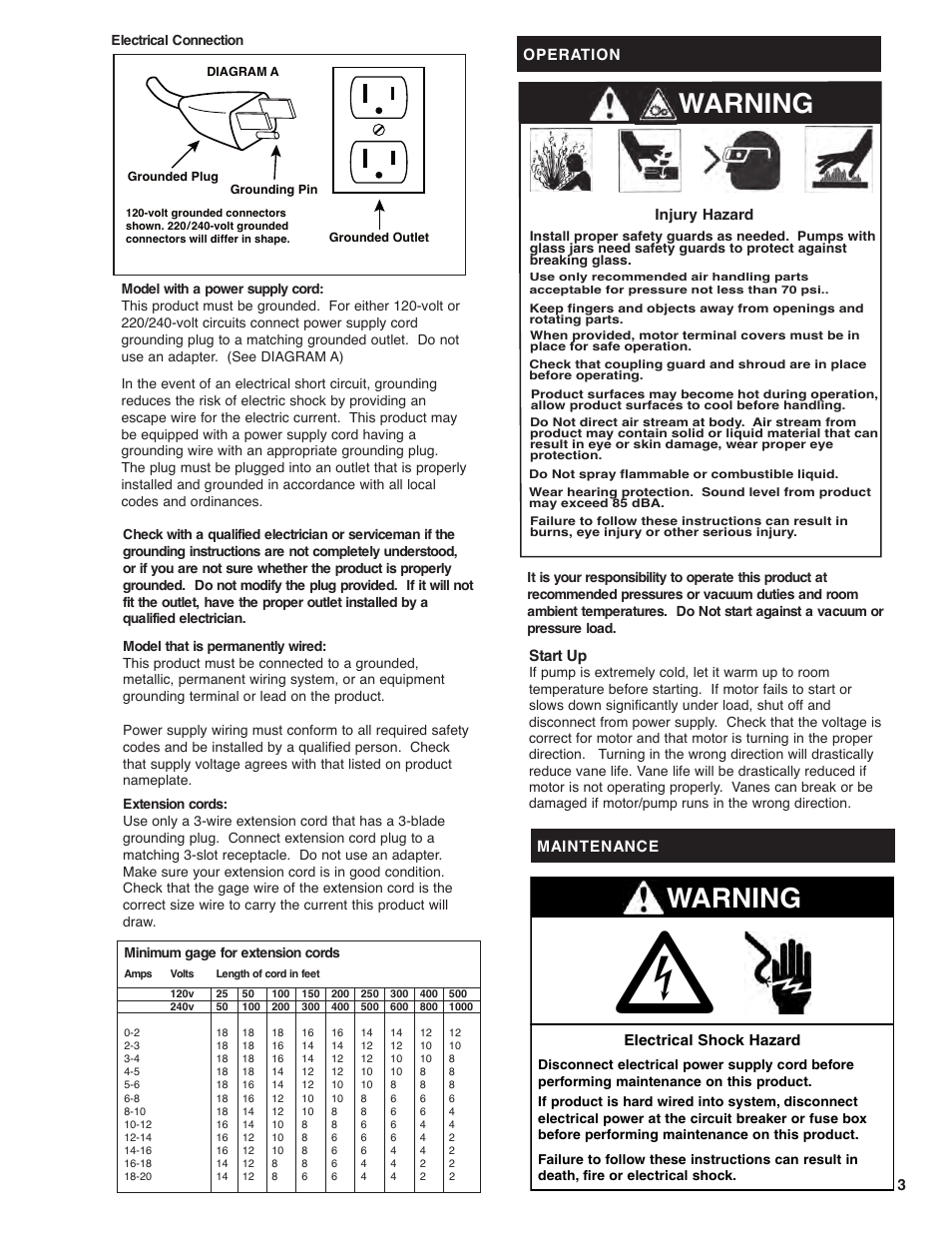 Warning | Gast 2567 Series Lubricated Vacuum Pumps and Compressors User Manual | Page 3 / 8