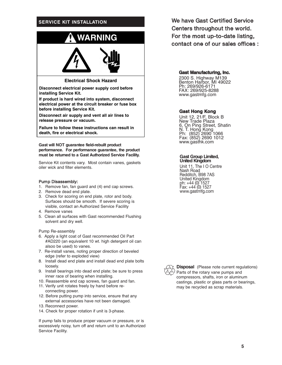 Warning | Gast 2567 Series Lubricated Vacuum Pumps and Compressors User Manual | Page 5 / 8