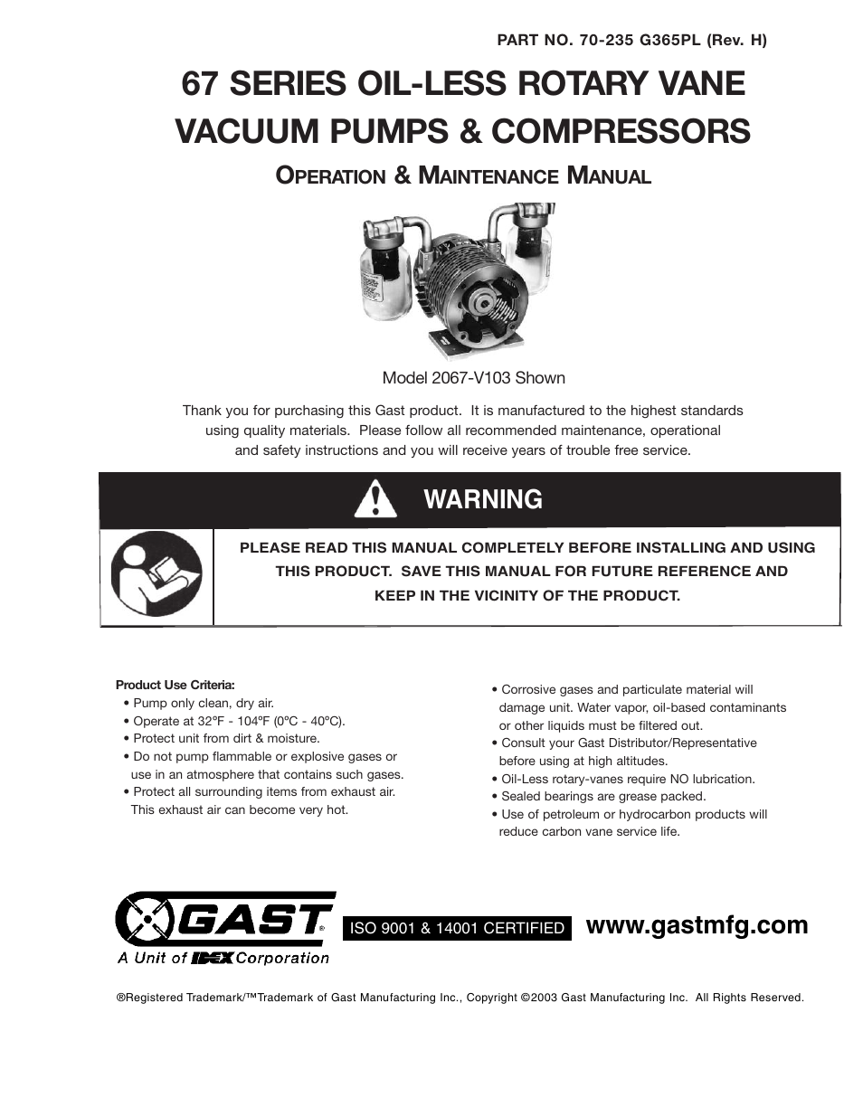 Gast 2567 Series Oilless Vacuum Pumps and Compressors User Manual | 8 pages