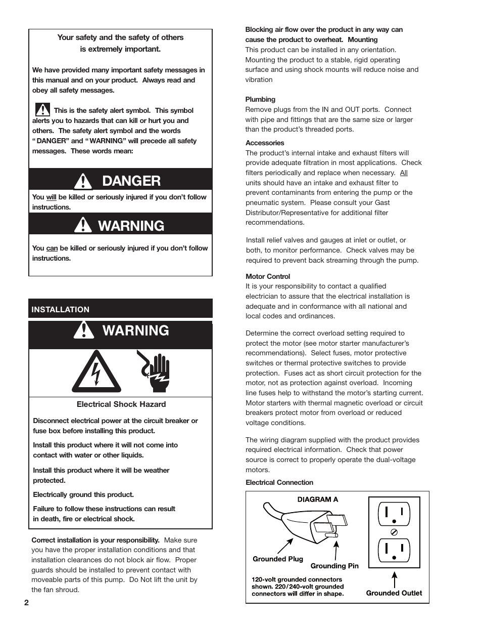 Warning danger | Gast 2567 Series Oilless Vacuum Pumps and Compressors User Manual | Page 2 / 8