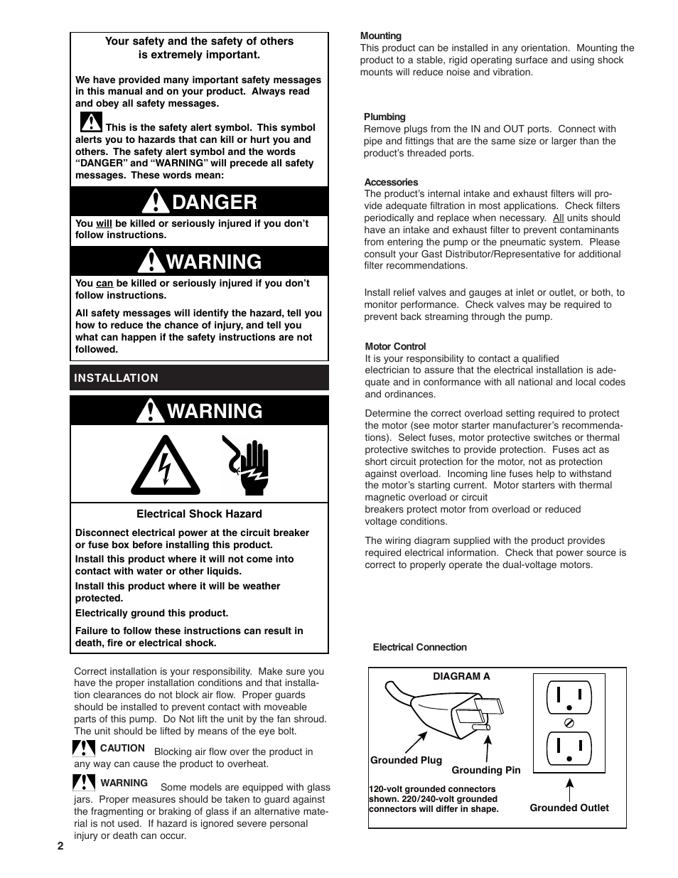 Warning, Warning danger | Gast 6066 Series User Manual | Page 2 / 8