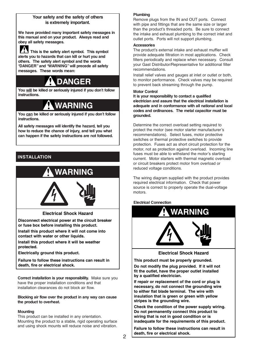 Warning danger, Warning | Gast 82R Series User Manual | Page 2 / 8