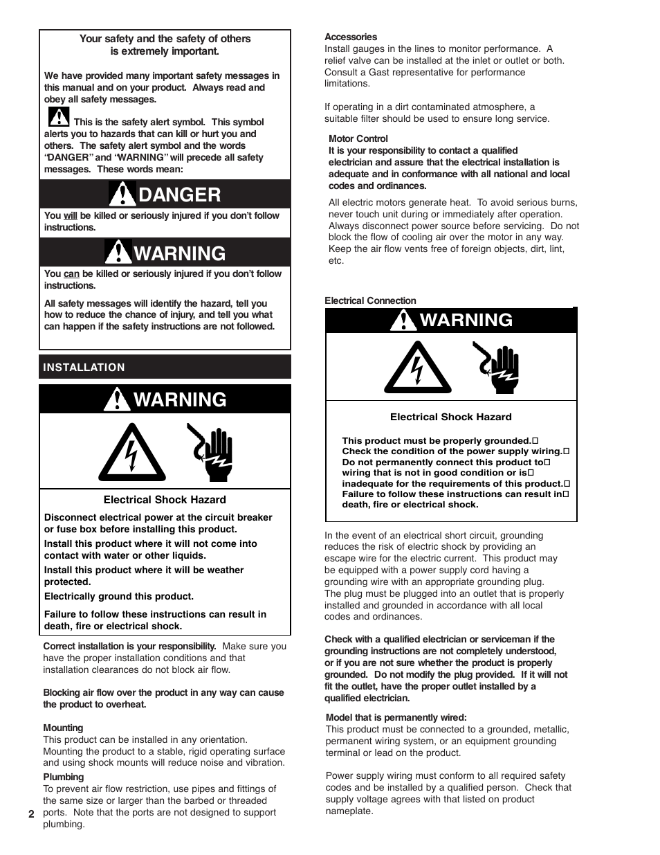 Warning danger, Warning | Gast 8R Series User Manual | Page 2 / 7
