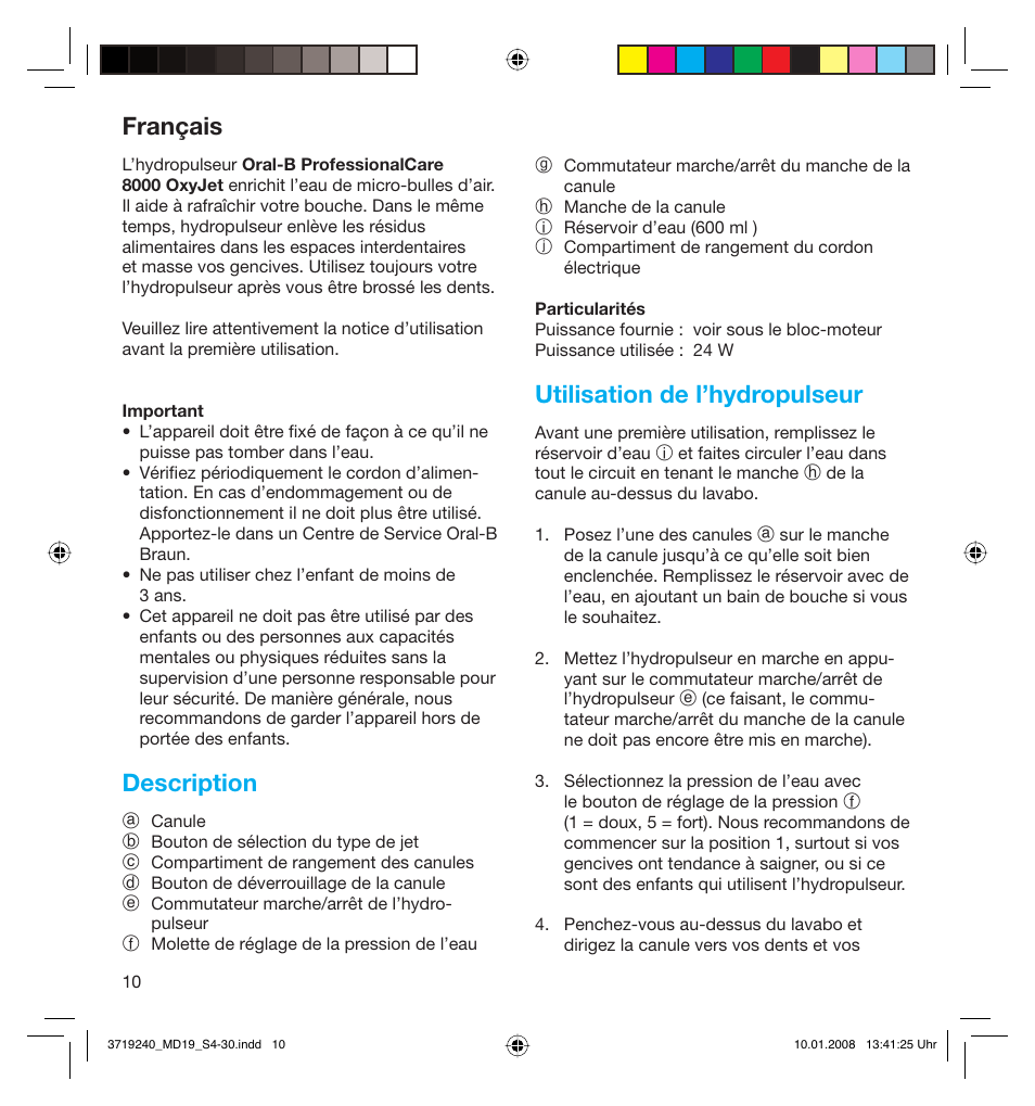 Français, Description, Utilisation de l’hydropulseur | Braun Oral-B 8000 OxyJet User Manual | Page 10 / 28