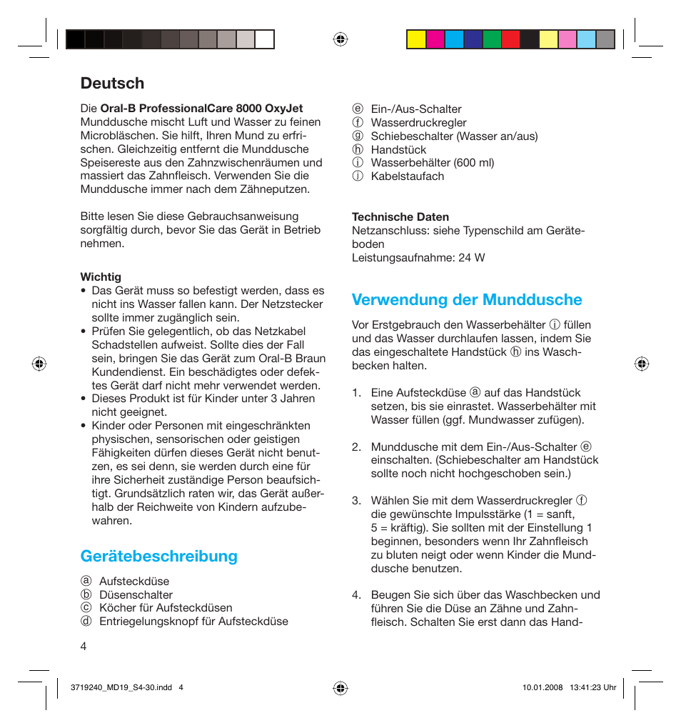 Deutsch, Gerätebeschreibung, Verwendung der munddusche | Braun Oral-B 8000 OxyJet User Manual | Page 4 / 28