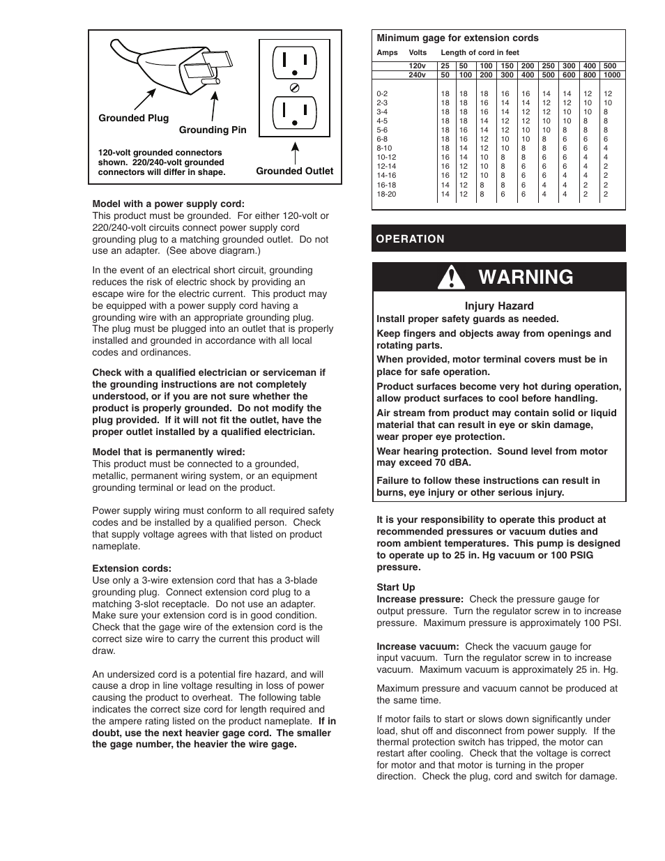 Ww warning, Operation injury hazard | Gast 1HAB-25 User Manual | Page 3 / 8