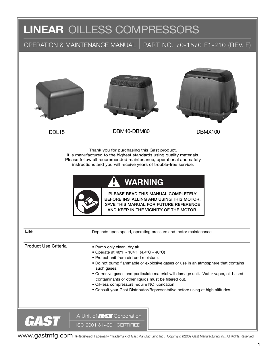 Gast Linear Series Oilless User Manual | 12 pages