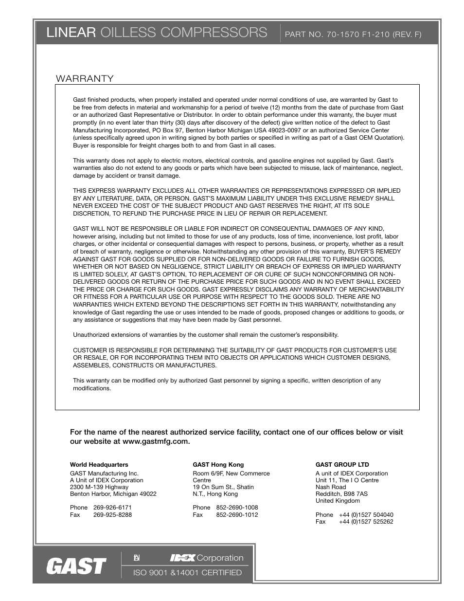 Linear oilless compressors, Warranty | Gast Linear Series Oilless User Manual | Page 12 / 12