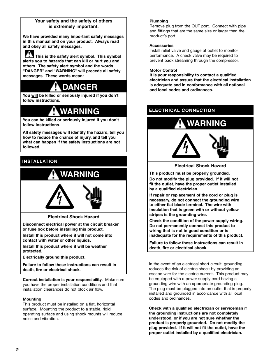 Warning, Warning danger | Gast Linear Series Oilless User Manual | Page 2 / 12