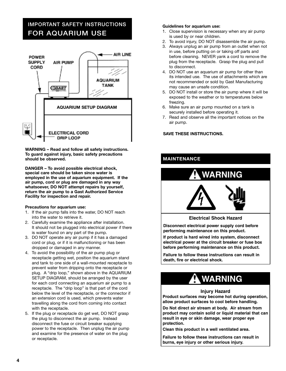 Warning, For aquarium use | Gast Linear Series Oilless User Manual | Page 4 / 12
