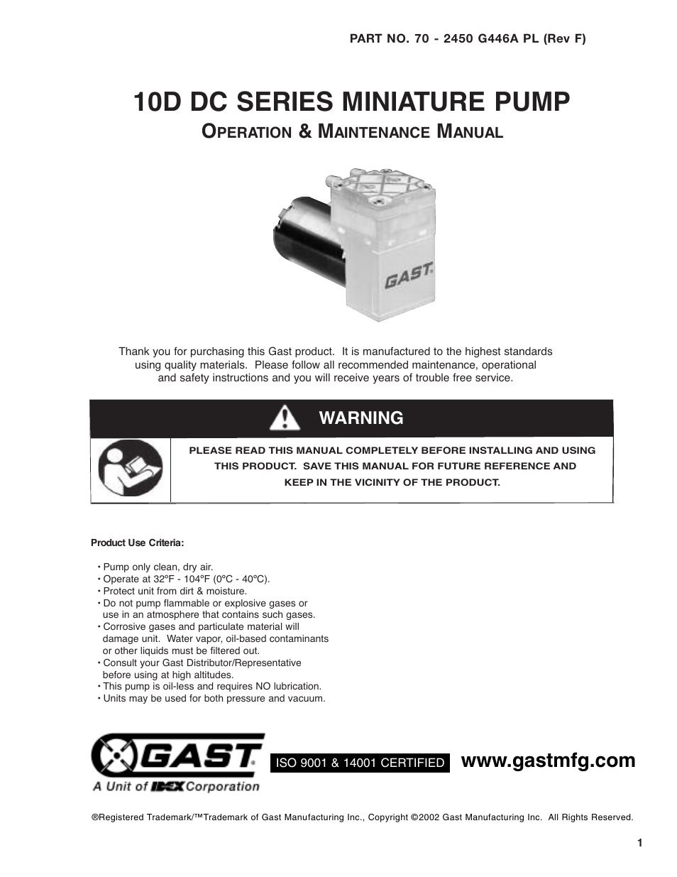 Gast 10D (DC) Series User Manual | 6 pages