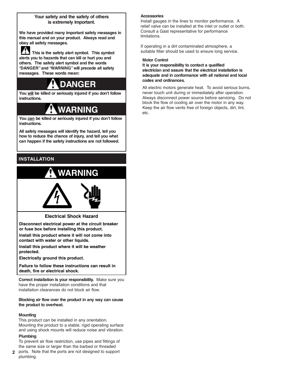 Warning danger, Warning | Gast 10D (DC) Series User Manual | Page 2 / 6