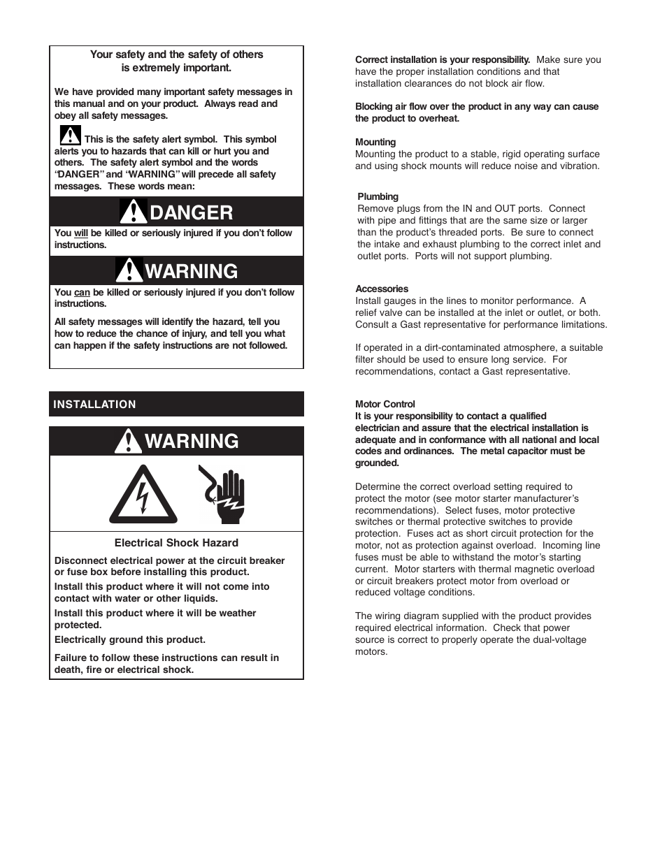 Warning danger, Warning | Gast 22D Series User Manual | Page 2 / 8