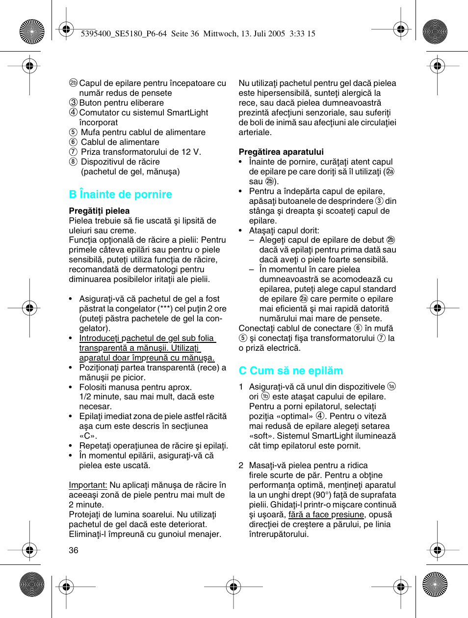 B înainte de pornire, C cum så ne epilåm | Braun 5280 User Manual | Page 35 / 61
