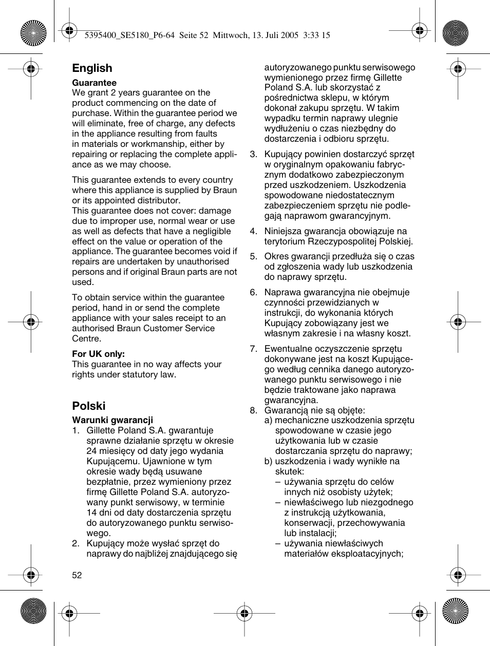 English, Polski | Braun 5280 User Manual | Page 51 / 61