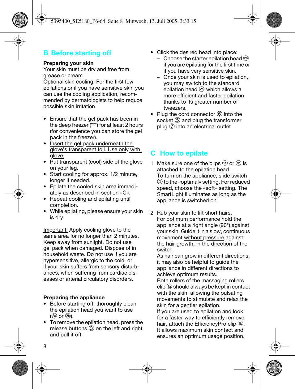 B before starting off, C how to epilate | Braun 5280 User Manual | Page 7 / 61