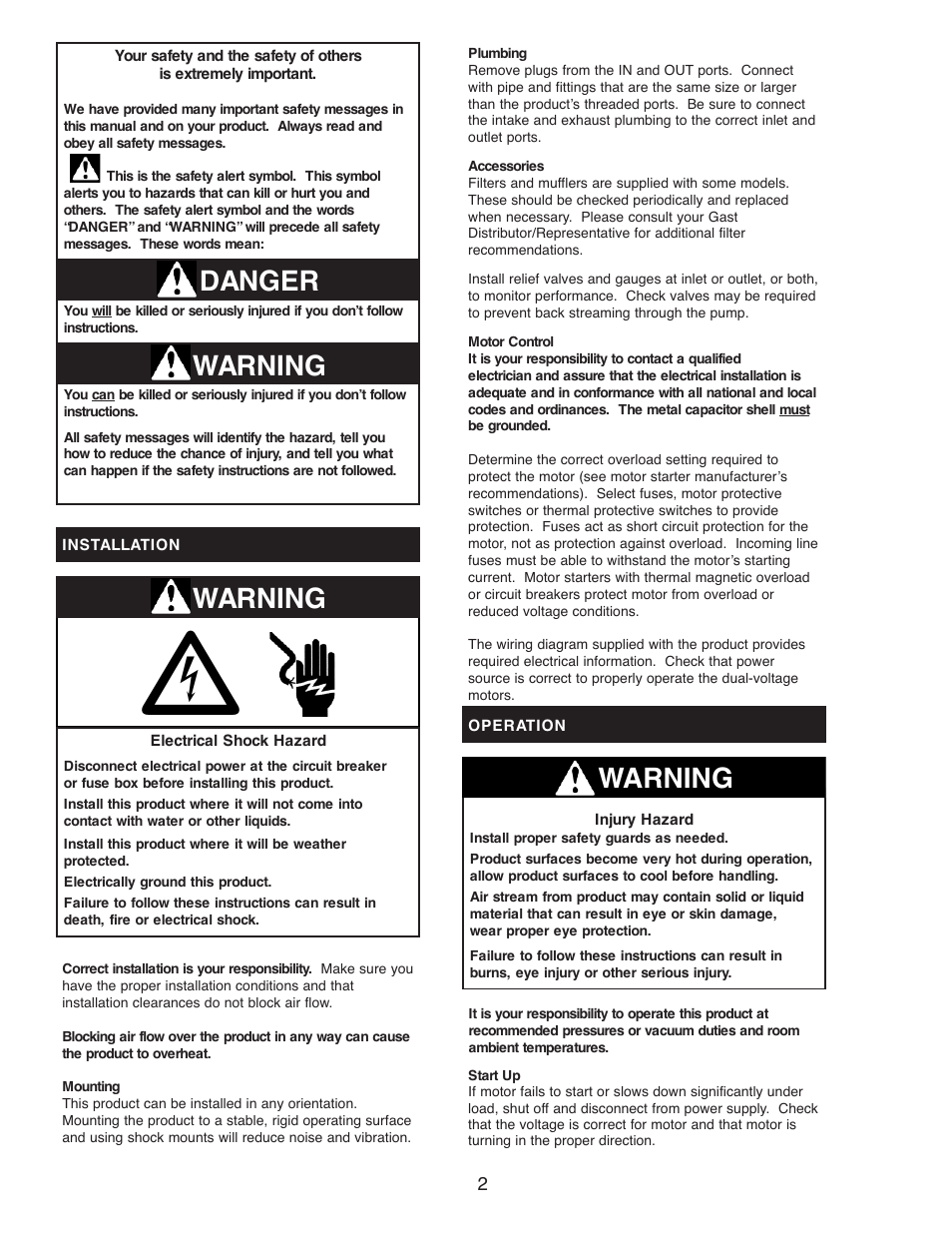 Warning danger, Warning | Gast DAA Series User Manual | Page 2 / 8