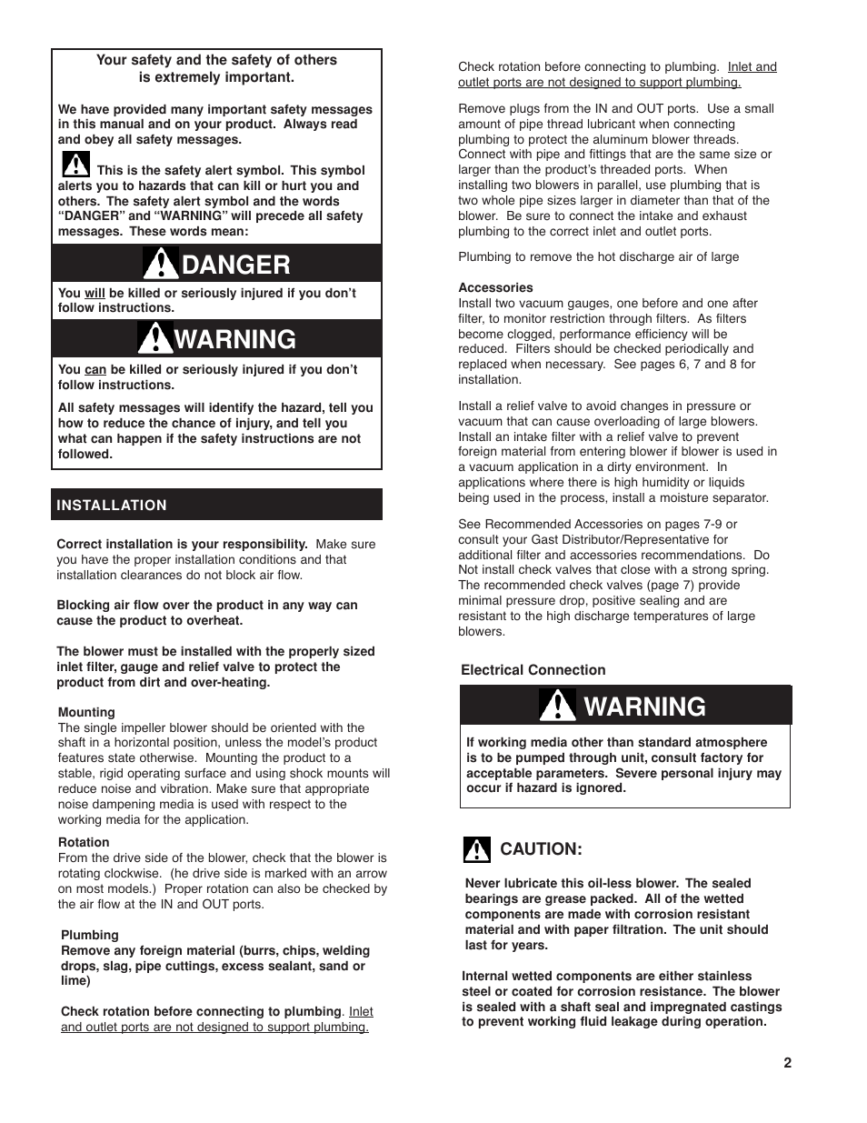 Warning danger, Warning, Caution | Gast SDR6 User Manual | Page 2 / 10