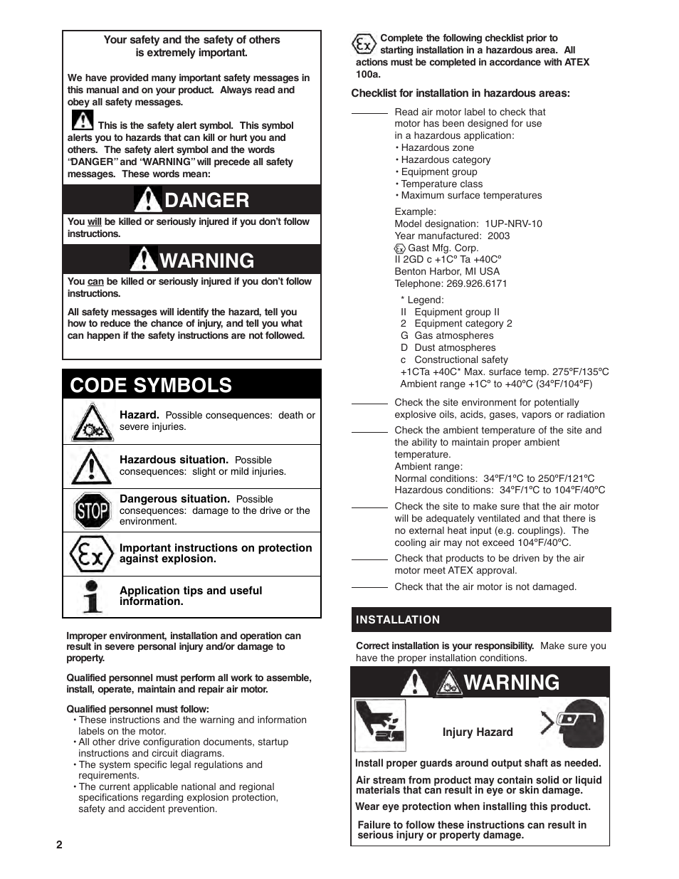 Warning, Warning danger, Code symbols | Gast 16 AM User Manual | Page 2 / 15