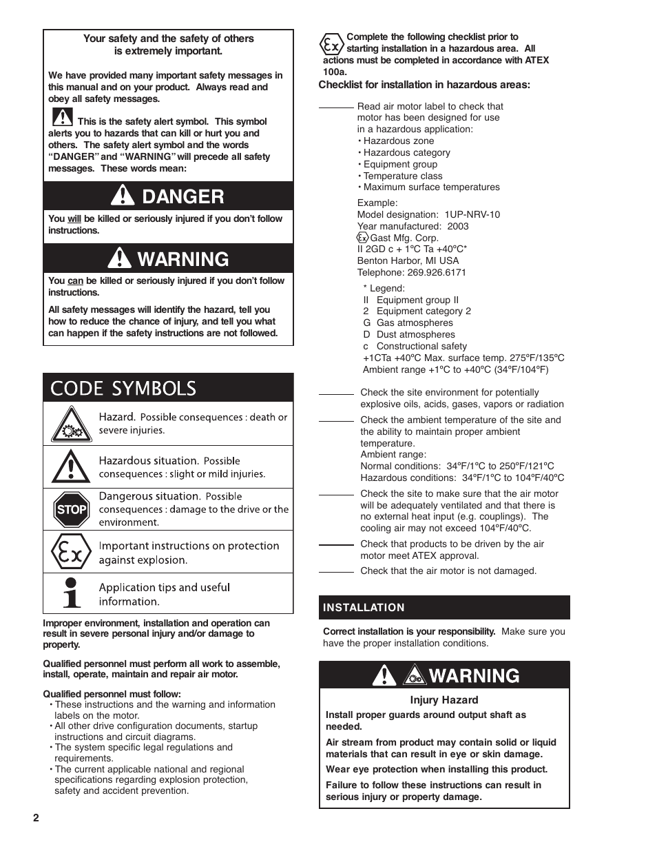 Warning danger | Gast 4AM (SS) User Manual | Page 2 / 10