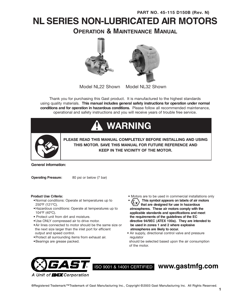 Gast NL52 User Manual | 12 pages