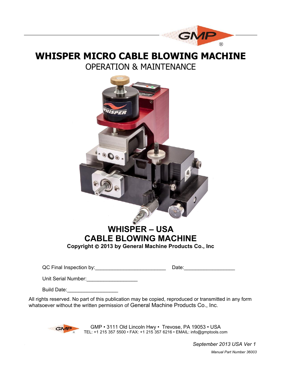 General Machine Products 89910 Whisper Micro Fiber Cable Blowing Machine User Manual | 32 pages