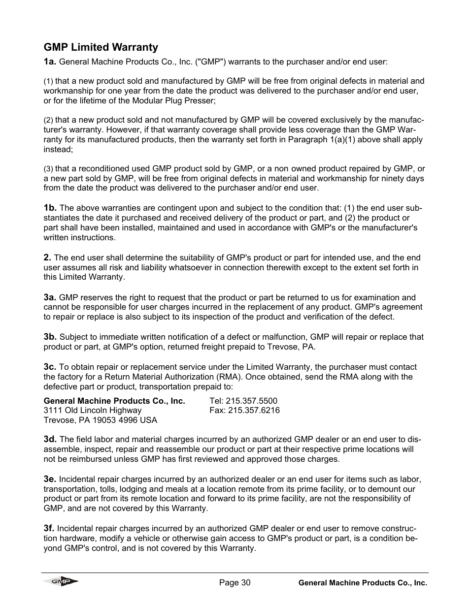 Gmp limited warranty | General Machine Products 89910 Whisper Micro Fiber Cable Blowing Machine User Manual | Page 30 / 32