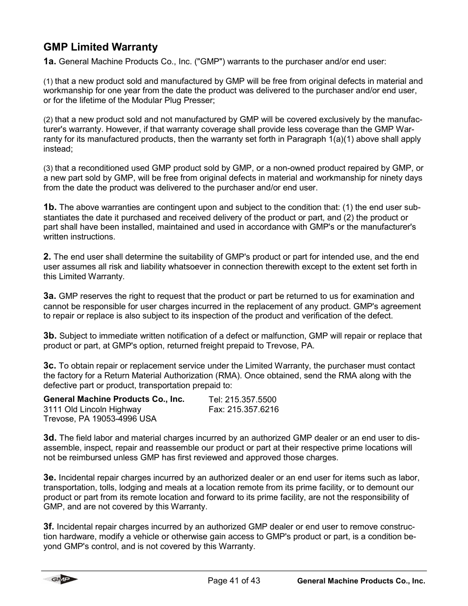 Gmp limited warranty | General Machine Products 89010 Breeze Micro Fiber Cable Blowing Machine User Manual | Page 41 / 43