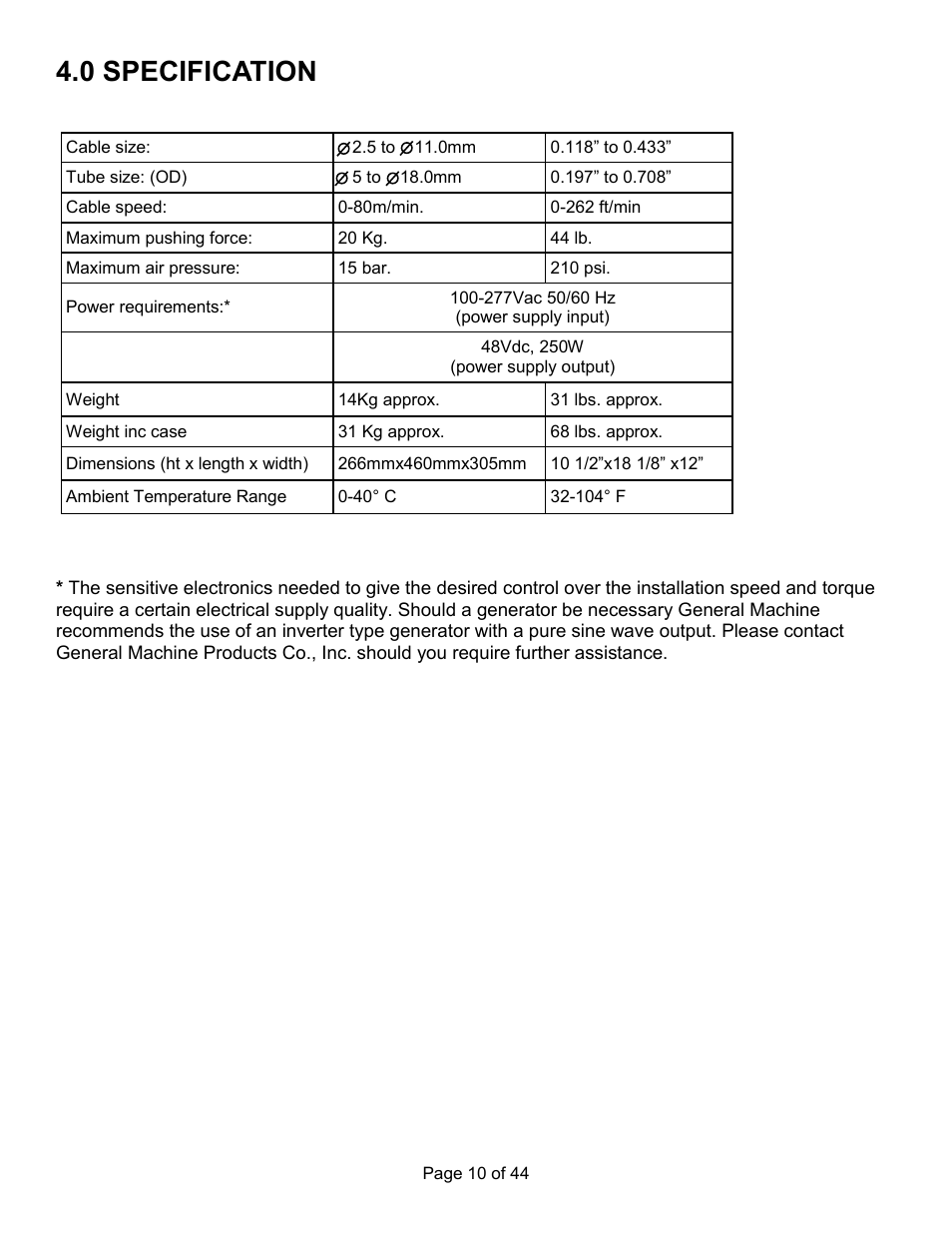 0 specification | General Machine Products 89300 AirStream Cable Blowing Machine User Manual | Page 10 / 44