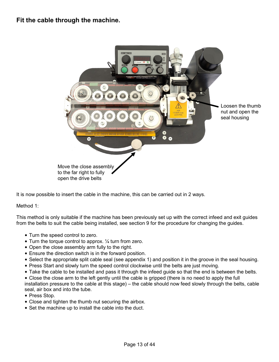 Fit the cable through the machine | General Machine Products 89300 AirStream Cable Blowing Machine User Manual | Page 13 / 44