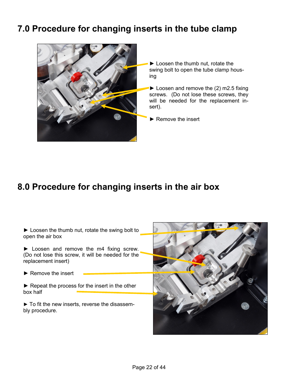 0 procedure for changing inserts in the tube clamp, 0 procedure for changing inserts in the air box | General Machine Products 89300 AirStream Cable Blowing Machine User Manual | Page 22 / 44