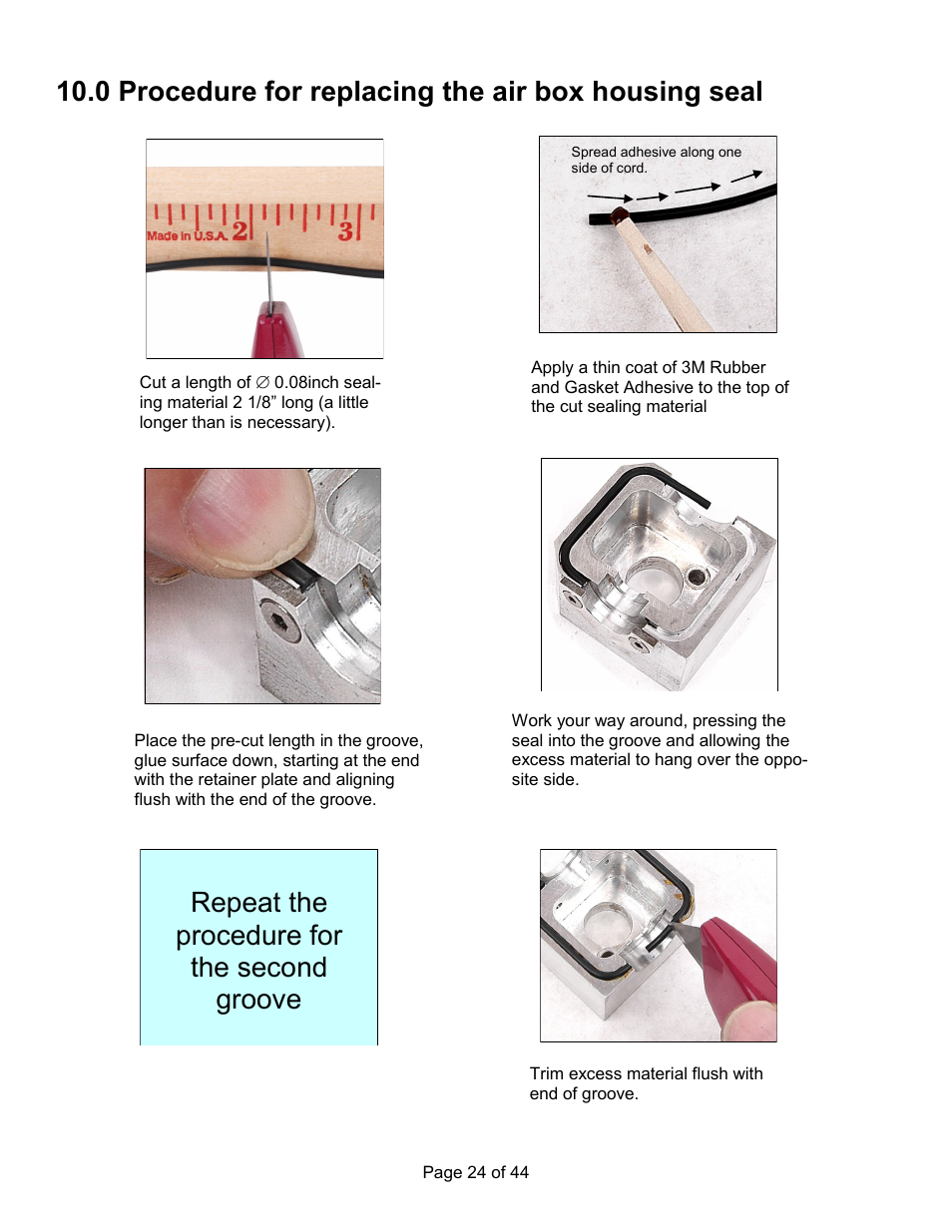 0 procedure for replacing the air box housing seal, Repeat the procedure for the second groove | General Machine Products 89300 AirStream Cable Blowing Machine User Manual | Page 24 / 44