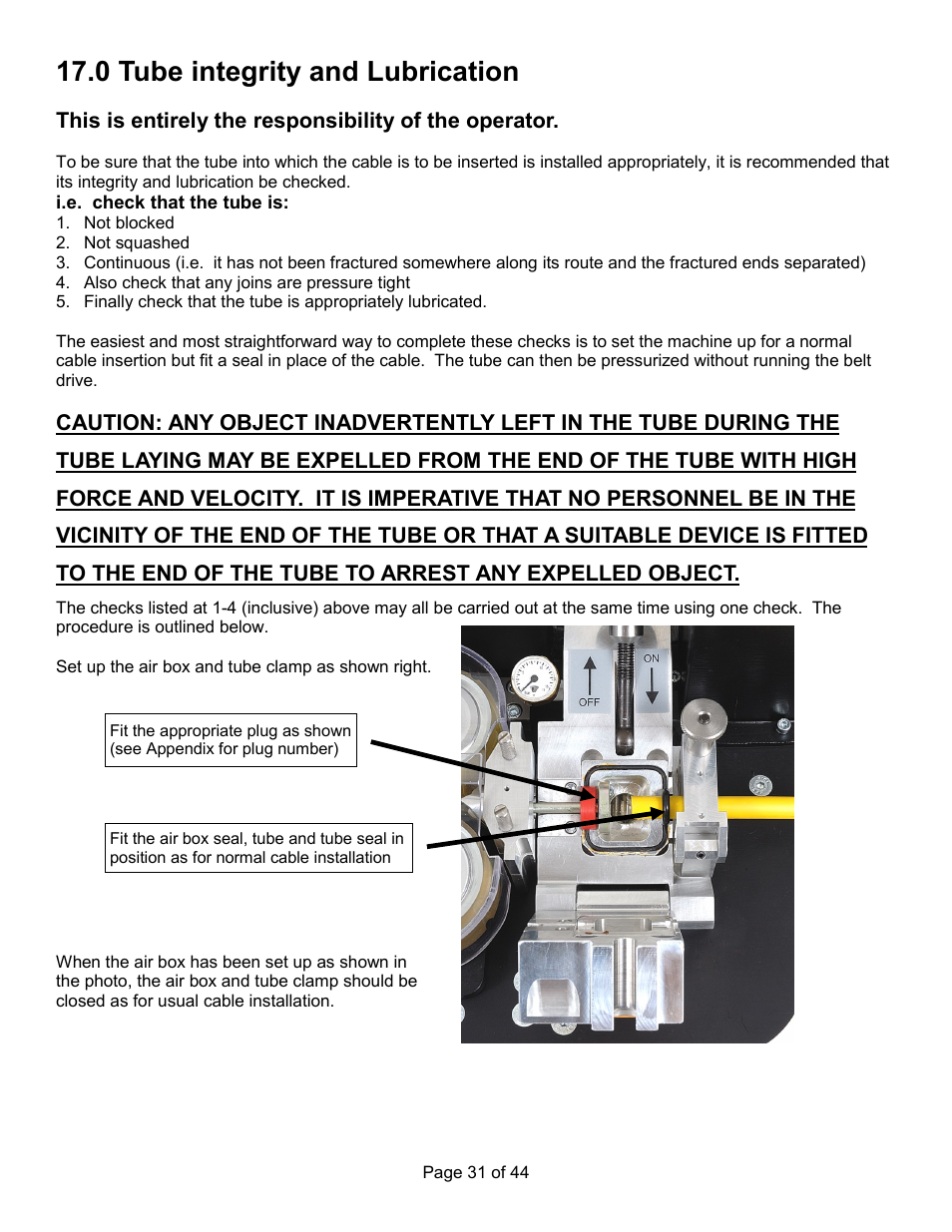 0 tube integrity and lubrication | General Machine Products 89300 AirStream Cable Blowing Machine User Manual | Page 31 / 44
