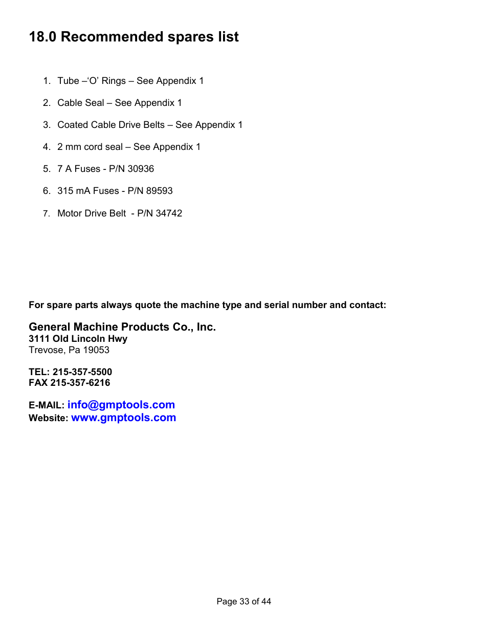 0 recommended spares list | General Machine Products 89300 AirStream Cable Blowing Machine User Manual | Page 33 / 44