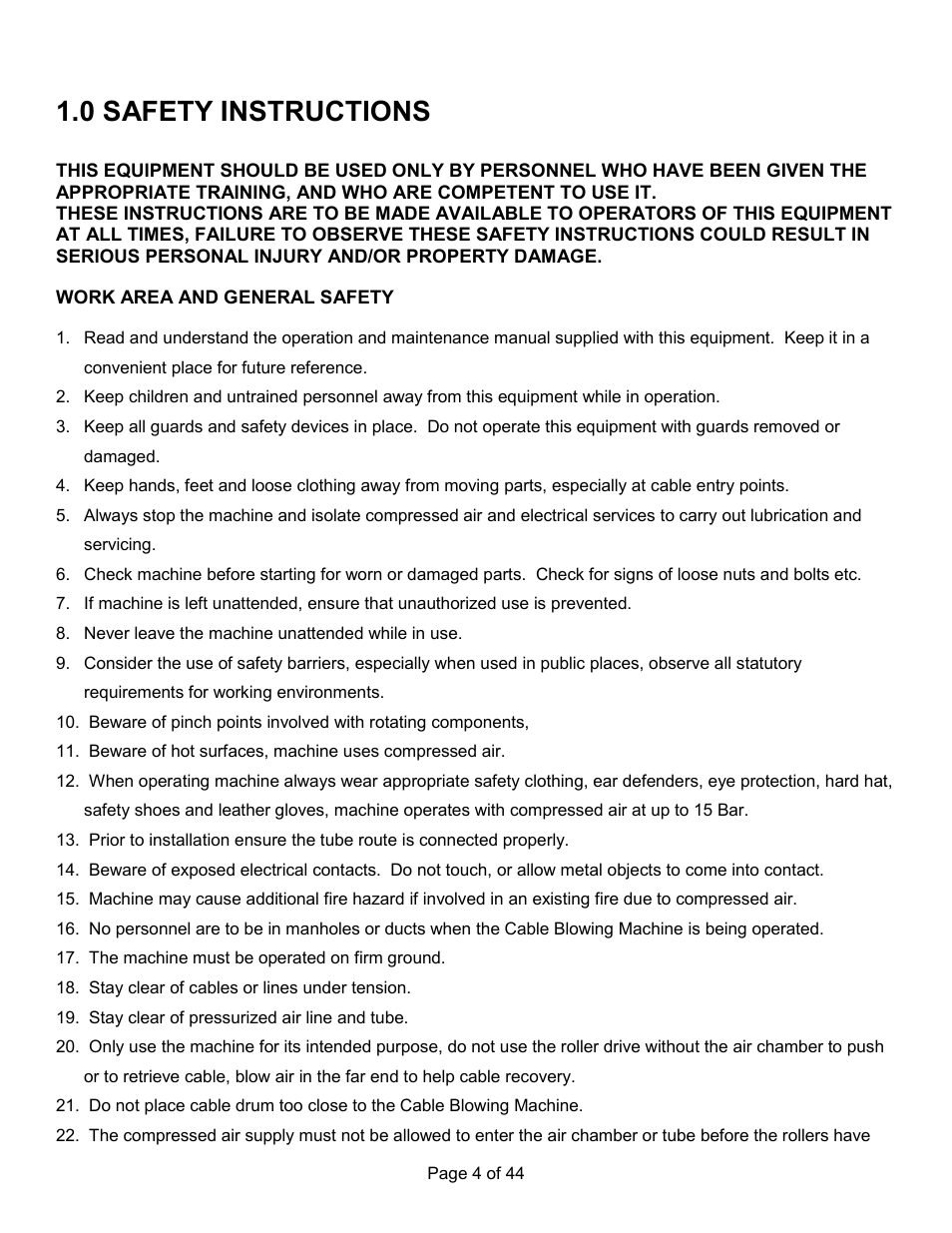 0 safety instructions | General Machine Products 89300 AirStream Cable Blowing Machine User Manual | Page 4 / 44