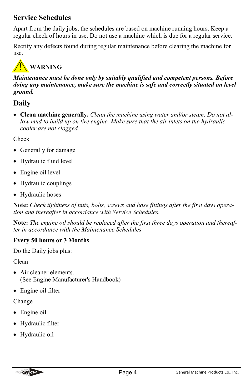 Service schedules, Daily | General Machine Products 89950 JetStream Cable Blowing Machine User Manual | Page 4 / 8