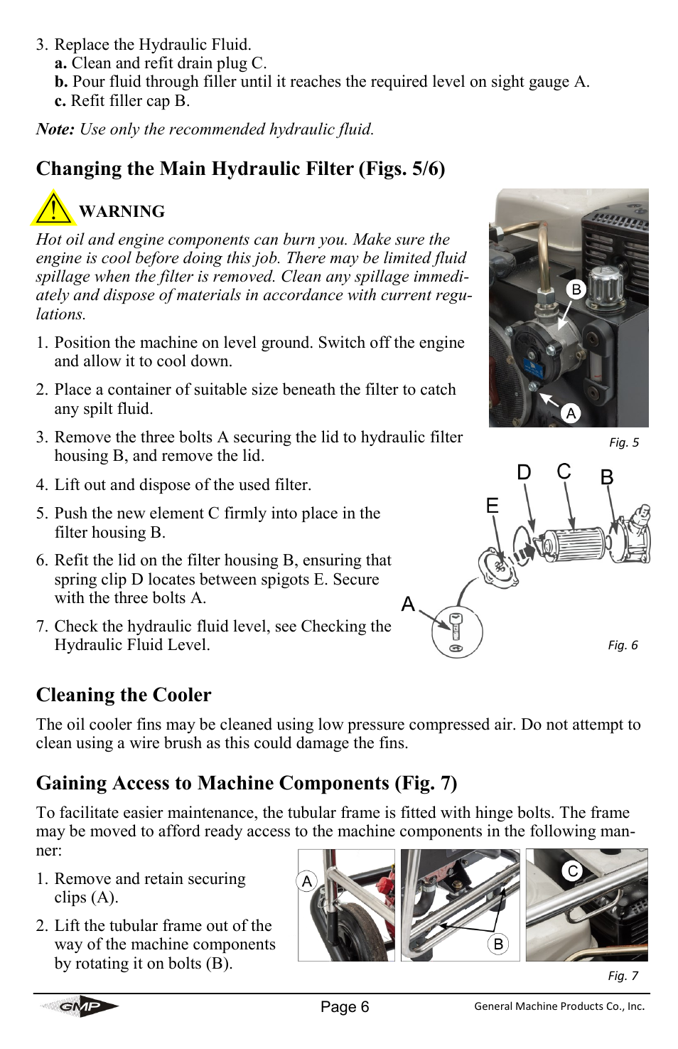 Changing the main hydraulic filter, Figs. 5/6), Cleaning the cooler | Gaining access to machine components (fig. 7) | General Machine Products 89950 JetStream Cable Blowing Machine User Manual | Page 6 / 8