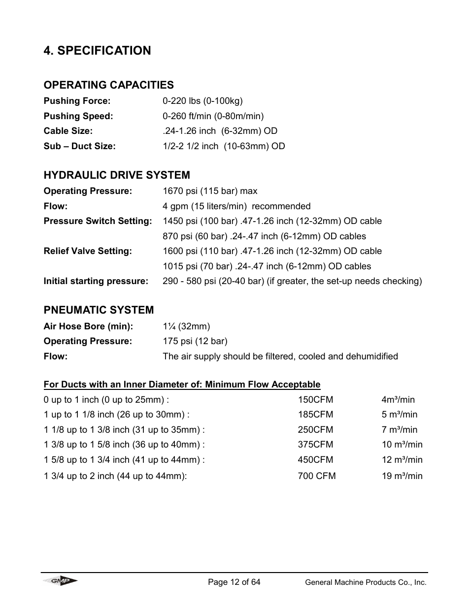Specification, Operating capacities, Hydraulic drive system | Pneumatic system | General Machine Products 89000 Cable Blowing Machine(Current) User Manual | Page 12 / 64