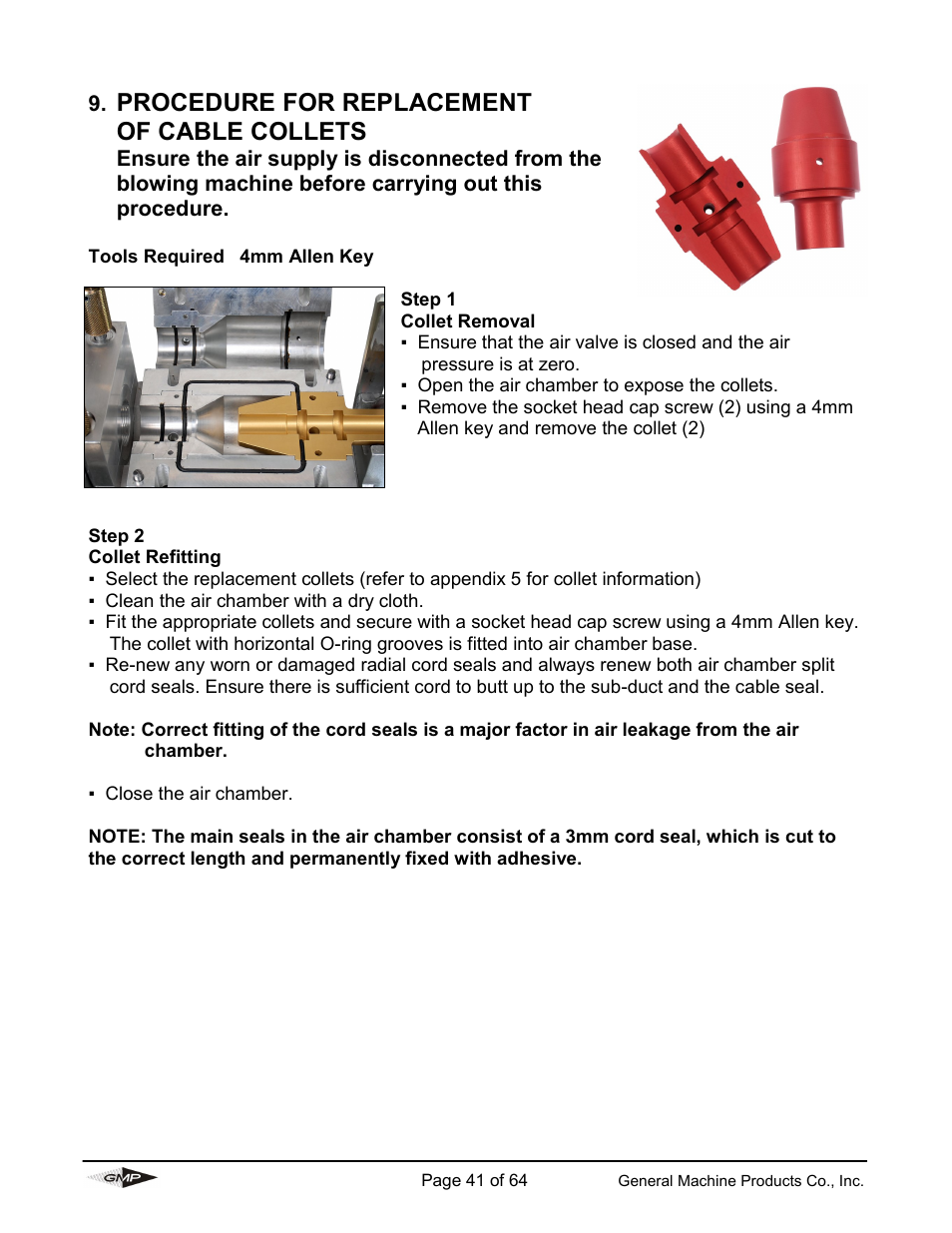 Procedure for replacement of cable collets | General Machine Products 89000 Cable Blowing Machine(Current) User Manual | Page 41 / 64