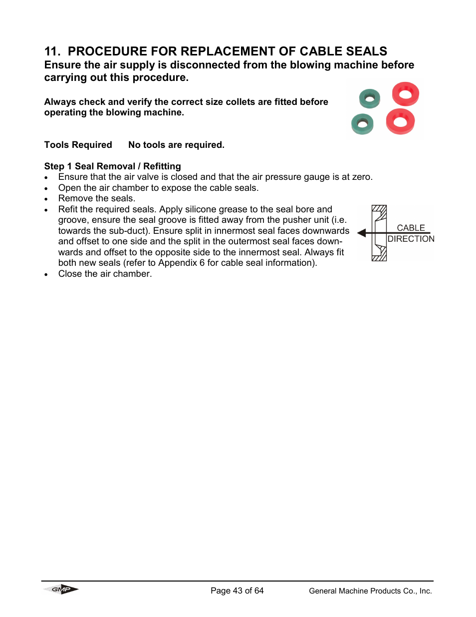 Procedure for replacement of cable seals | General Machine Products 89000 Cable Blowing Machine(Current) User Manual | Page 43 / 64
