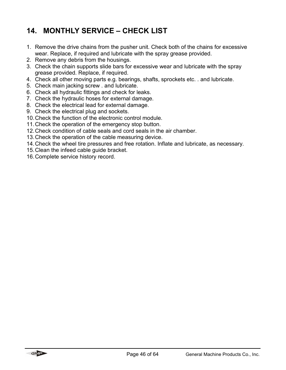 Monthly service – check list | General Machine Products 89000 Cable Blowing Machine(Current) User Manual | Page 46 / 64