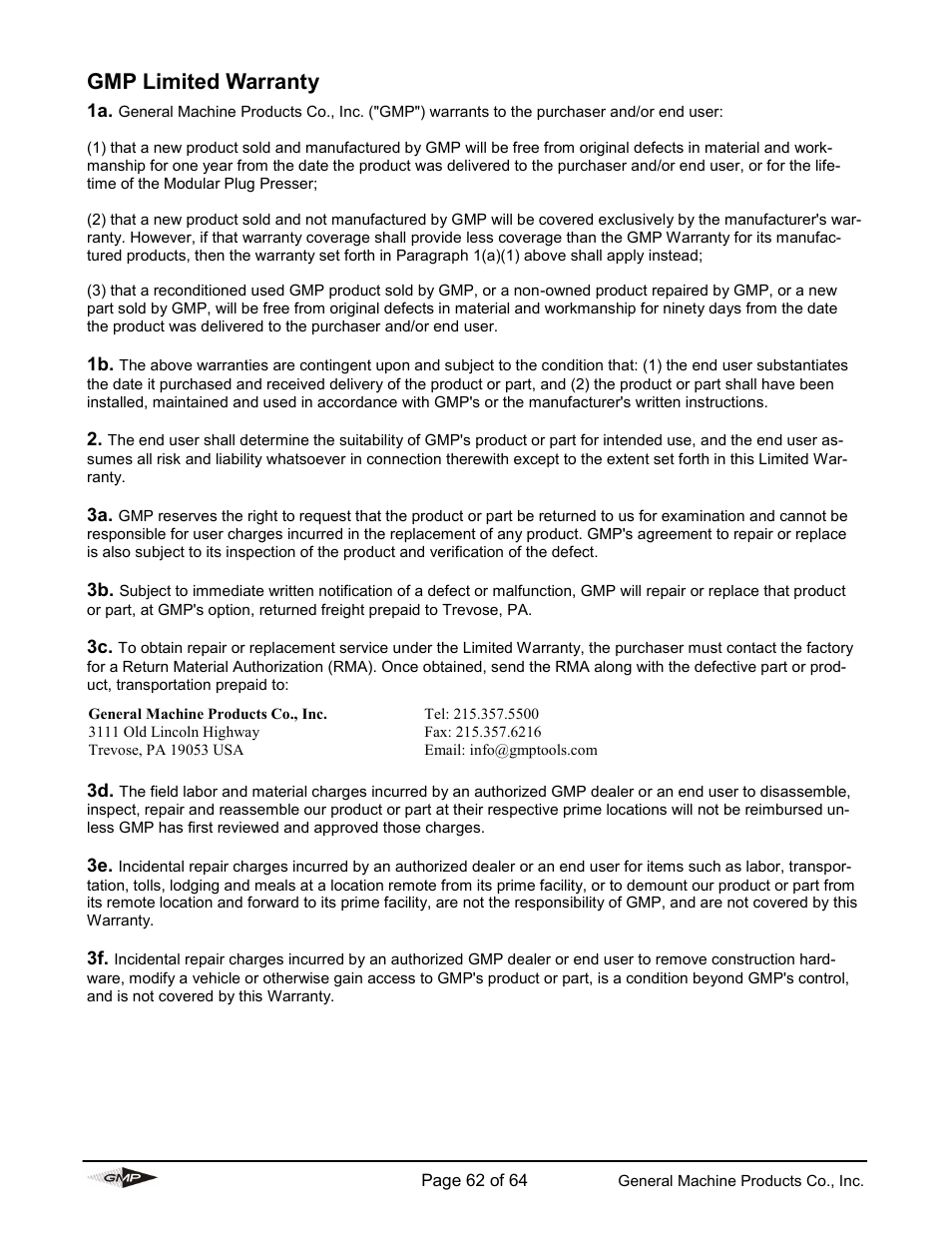 Gmp limited warranty | General Machine Products 89000 Cable Blowing Machine(Current) User Manual | Page 62 / 64