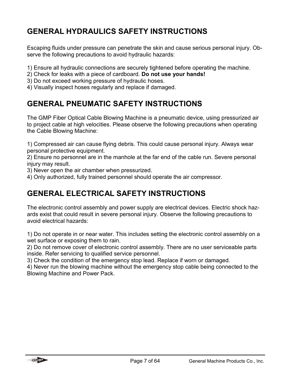 General hydraulics safety instructions, General pneumatic safety instructions, General electrical safety instructions | General Machine Products 89000 Cable Blowing Machine(Current) User Manual | Page 7 / 64