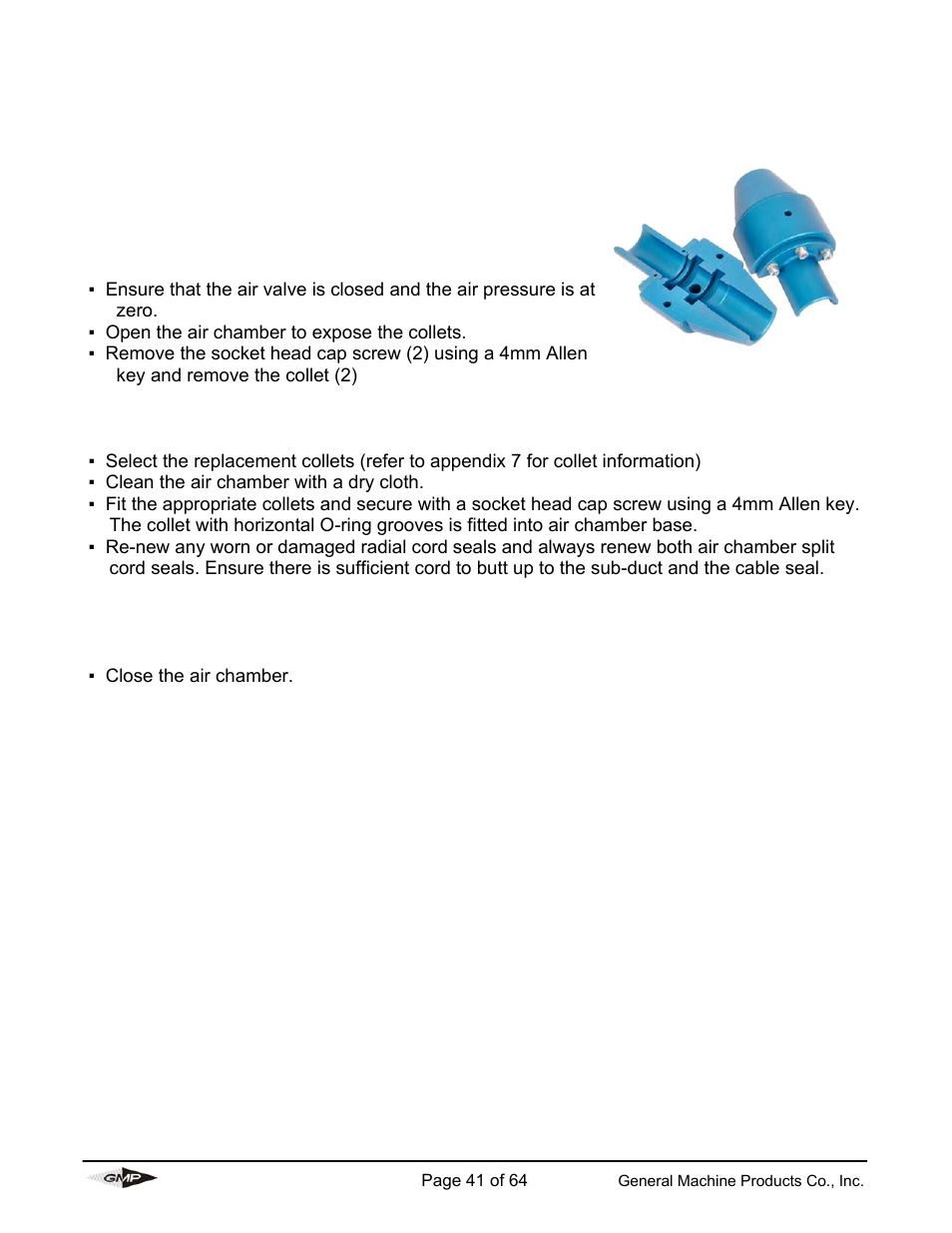 Procedure for replacement of cable collets | General Machine Products 89000 Cable Blowing Machine(Previous) User Manual | Page 41 / 62